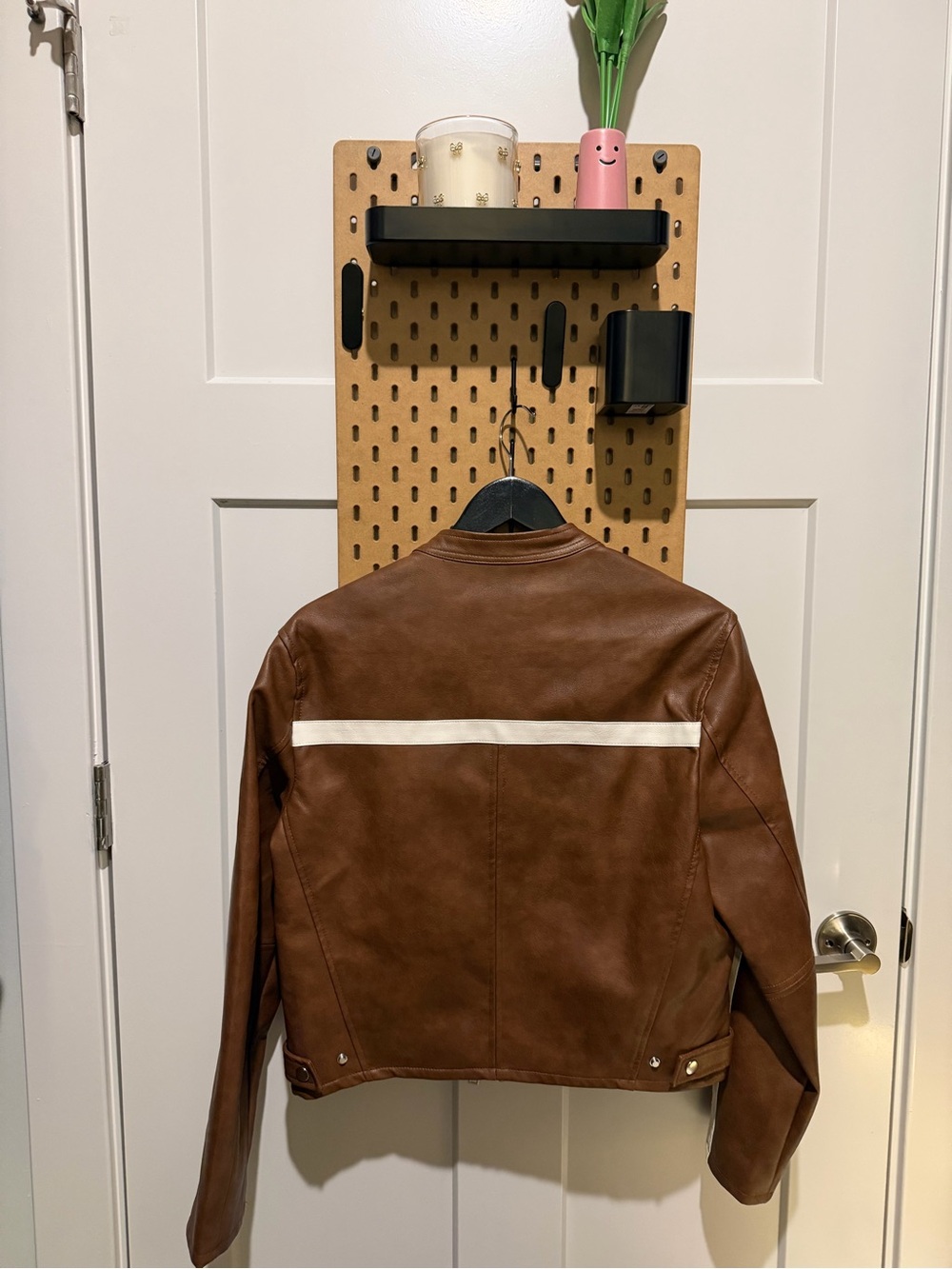 Women's Brown Leather Racer Stripe Jacket - Cream Accent - Picture 5 of 5